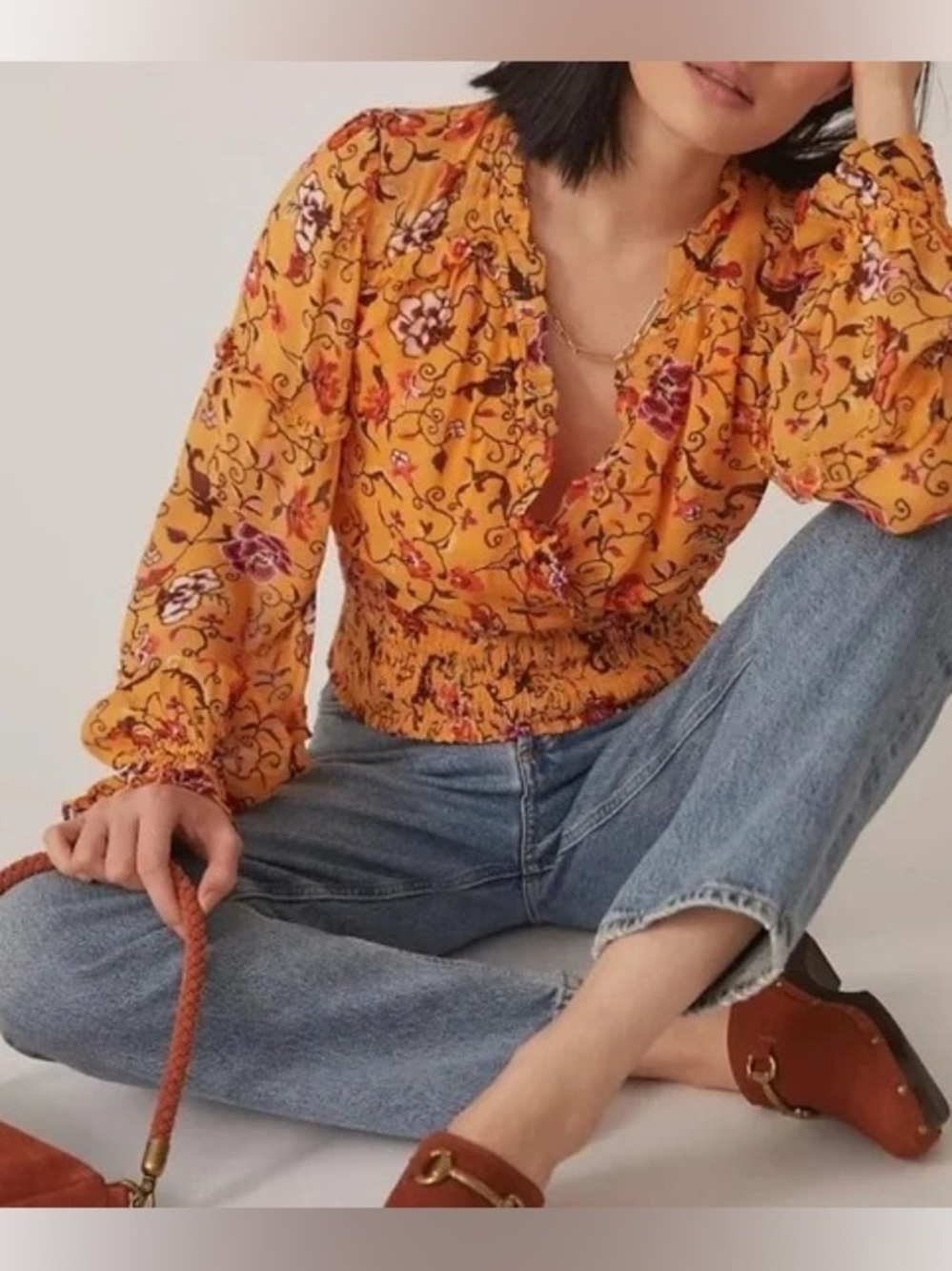 By Anthropologie Smocked Long Sleeve Floral Wrap Top Orange Size Large